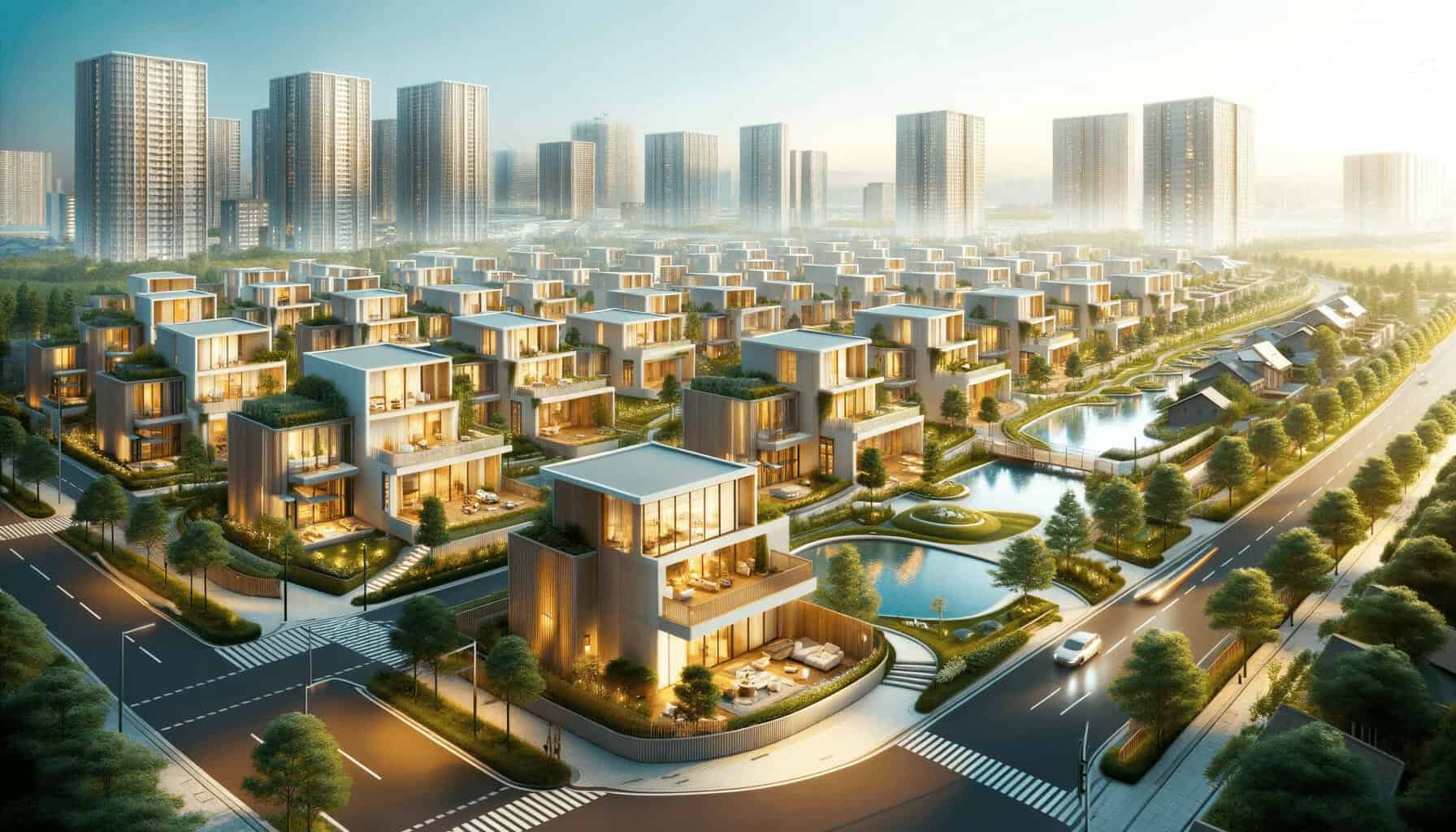 DALL·E 2023 10 16 13.33.02 Photo of a serene and modern residential area highlighting homes built using IBS technology DALL·E 2023 10 16 13.33.02 Photo of a serene and modern residential area highlighting homes built using IBS technology