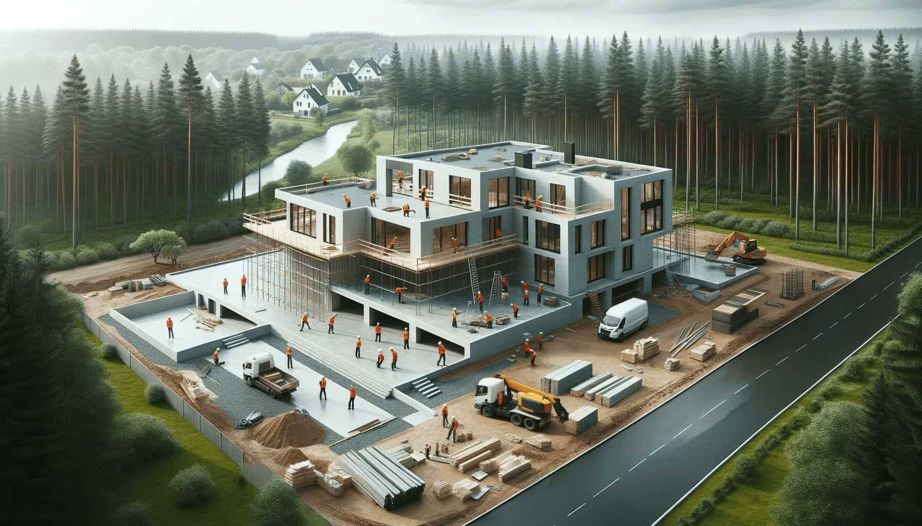 DALL·E 2023 10 16 13.43.34 Photo of construction workers actively building a modern home on a spacious piece of land with trees in the background DALL·E 2023 10 16 13.43.34 Photo of construction workers actively building a modern home on a spacious piece of land with trees in the background
