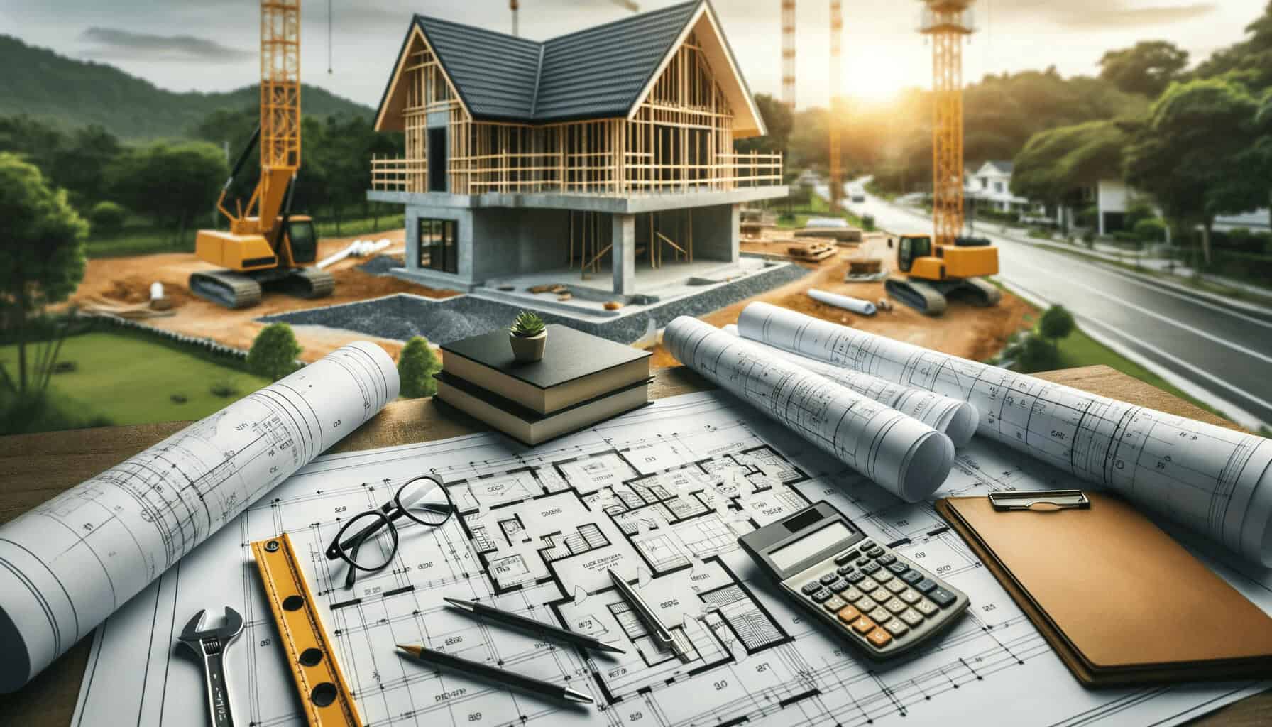 DALL·E 2023 10 16 13.43.48 Photo of architectural plans and blueprints laid out with a background of a construction site where a house is being built