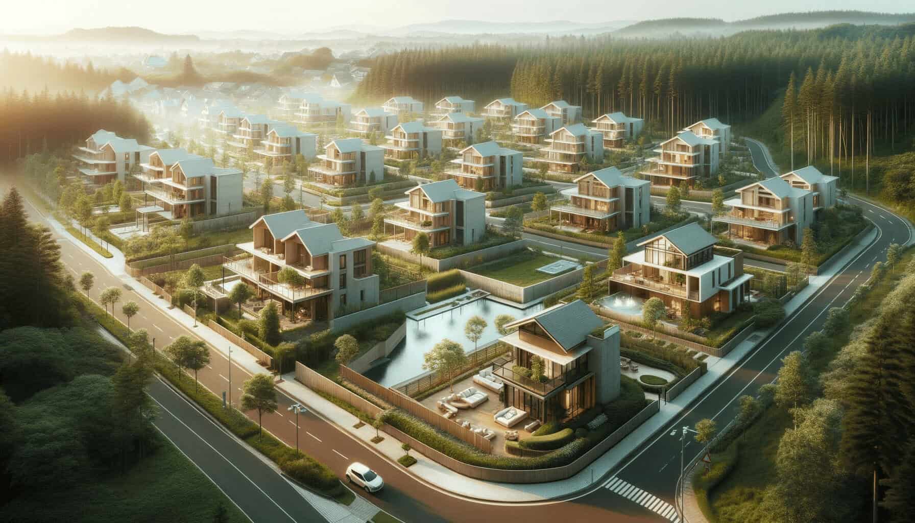 DALL·E 2023 10 16 13.52.59 Photo of a serene residential area with multiple houses built using modern construction techniques surrounded by nature DALL·E 2023 10 16 13.52.59 Photo of a serene residential area with multiple houses built using modern construction techniques surrounded by nature