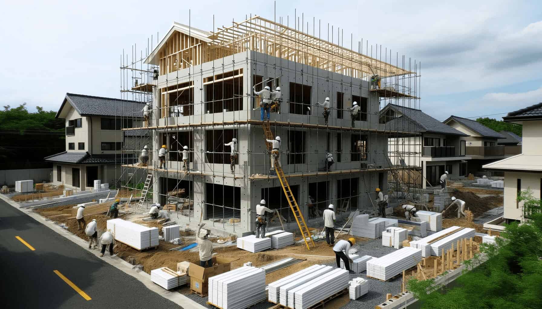 DALL·E 2023 10 16 13.53.12 Photo of a house under construction showcasing the use of IBS panels with workers actively working on the site