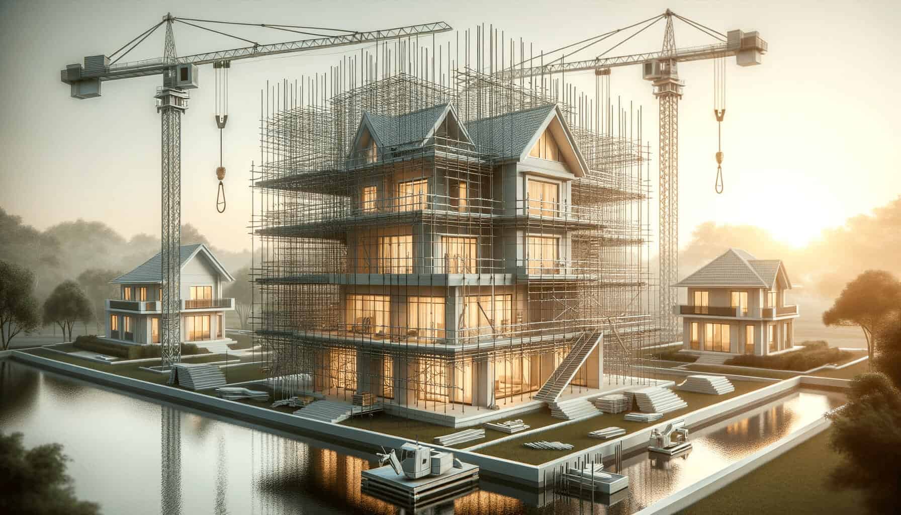 DALL·E 2023 10 16 14.02.33 Photo of a modern house under construction with cranes and scaffolding showcasing the process of using IBS technology in a serene environment