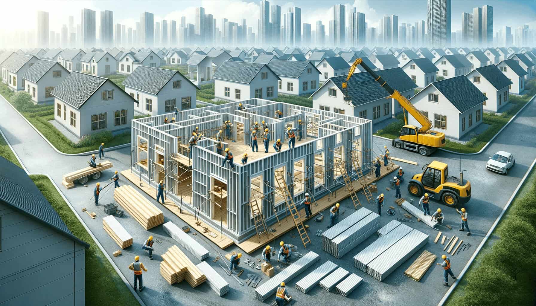 DALL·E 2023 10 16 14.02.47 Photo of construction workers assembling IBS panels on a house construction site highlighting the efficiency and speed of the process DALL·E 2023 10 16 14.02.47 Photo of construction workers assembling IBS panels on a house construction site highlighting the efficiency and speed of the process