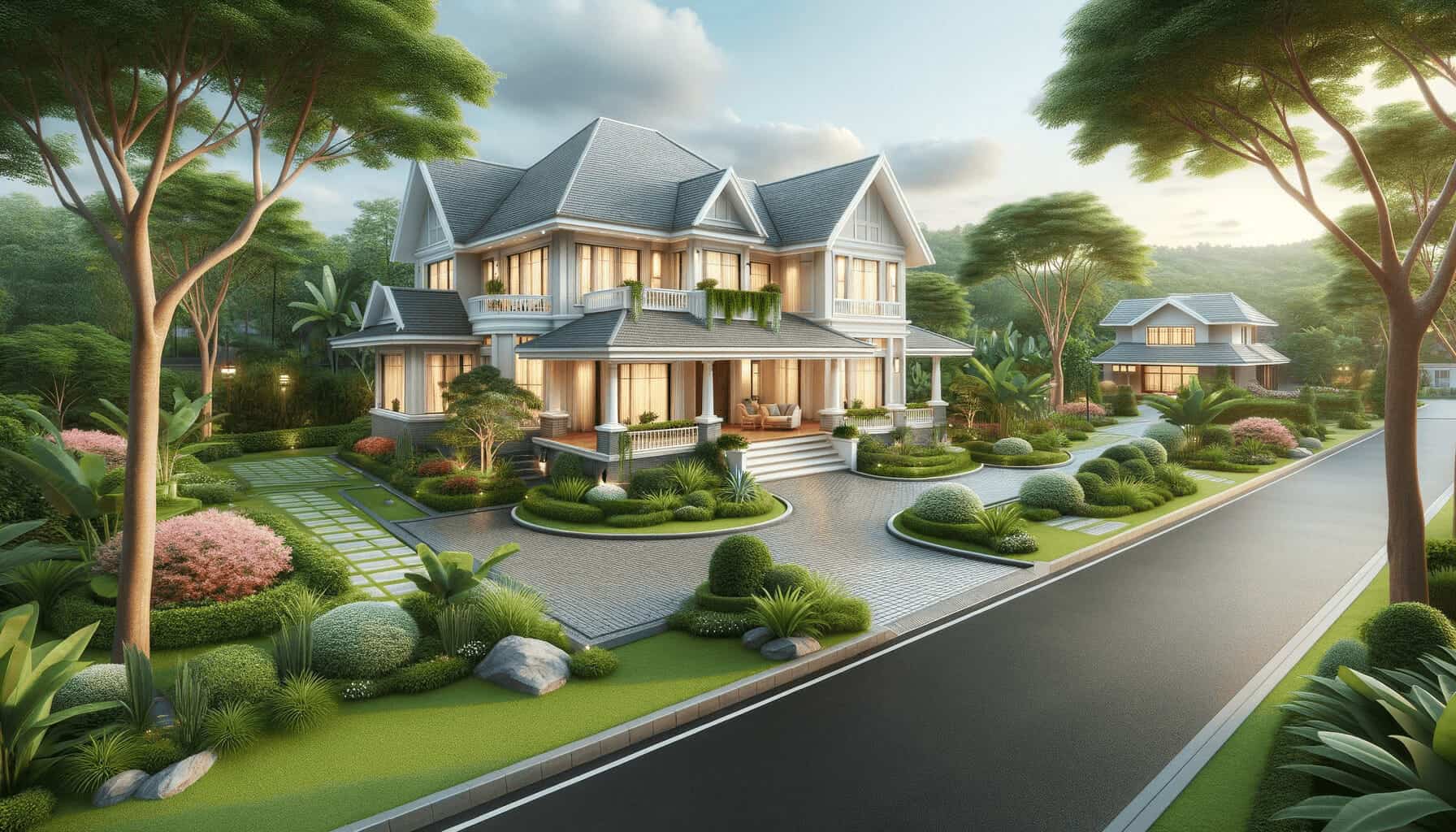 DALL·E 2023 10 16 16.54.16 Photo of a serene two storey house with a driveway and well maintained landscape
