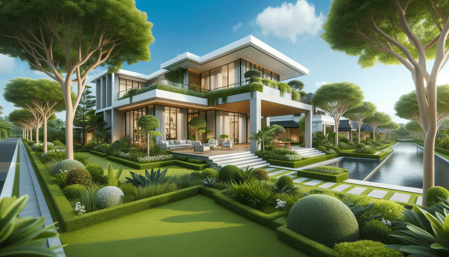 DALL·E 2023 10 16 17.06.31 Photo of a beautiful modern house with a lush garden in front showcasing the exterior design under a clear blue sky
