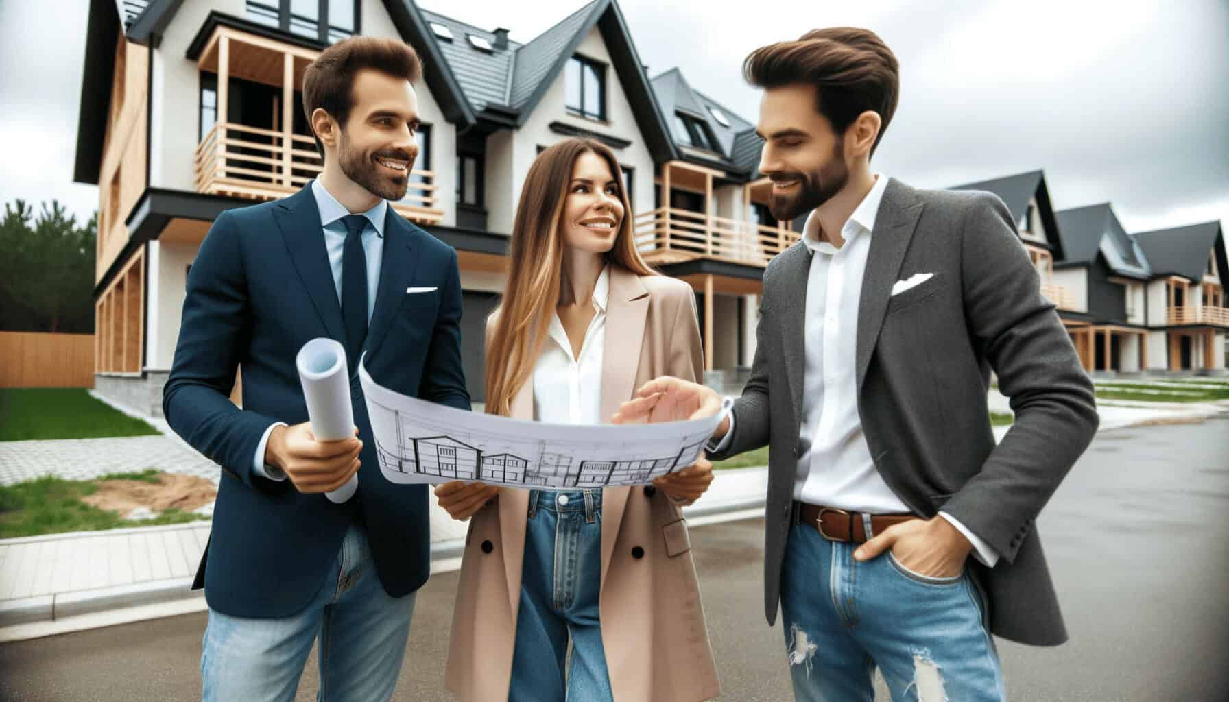 DALL·E 2023 10 16 17.06.44 Photo of a couple holding a blueprint and discussing with a real estate agent outside a newly constructed house DALL·E 2023 10 16 17.06.44 Photo of a couple holding a blueprint and discussing with a real estate agent outside a newly constructed house