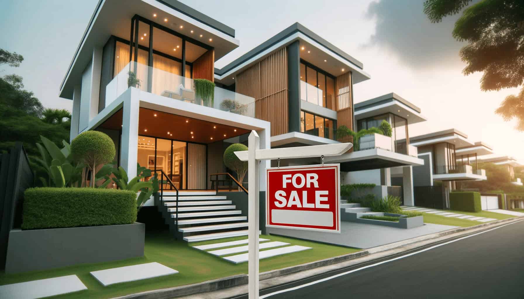 DALL·E 2023 10 16 17.15.33 Photo of a modern home exterior with a for sale sign indicating a potential home buyers journey to secure a housing loan DALL·E 2023 10 16 17.15.33 Photo of a modern home exterior with a for sale sign indicating a potential home buyers journey to secure a housing loan