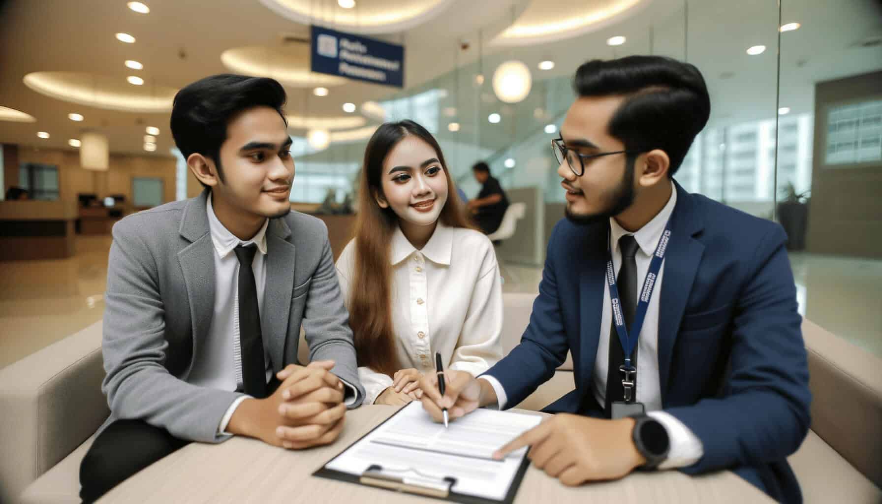 DALL·E 2023 10 16 17.15.39 Photo of a young Malaysian couple discussing with a bank officer symbolizing the process of securing a housing loan