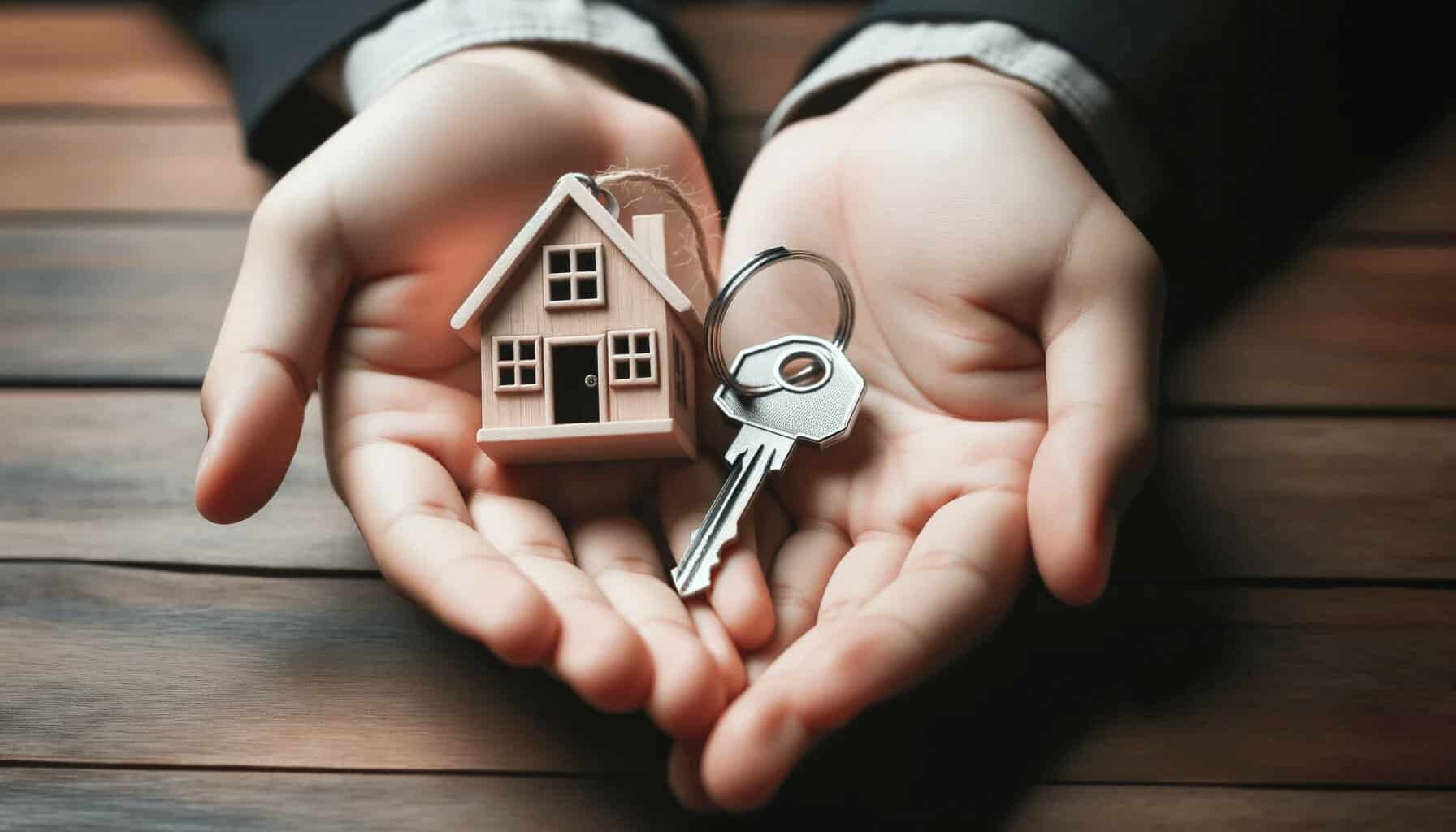 DALL·E 2023 10 16 17.15.43 Photo of a hand holding a house key with a keychain in the shape of a house representing the achievement of obtaining a housing loan DALL·E 2023 10 16 17.15.43 Photo of a hand holding a house key with a keychain in the shape of a house representing the achievement of obtaining a housing loan