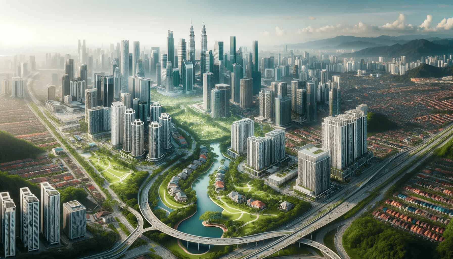 DALL·E 2023 10 16 17.26.18 A beautiful and modern skyline of Malaysian cityscape representing the real estate market in 2023 with skyscrapers residential buildings and green