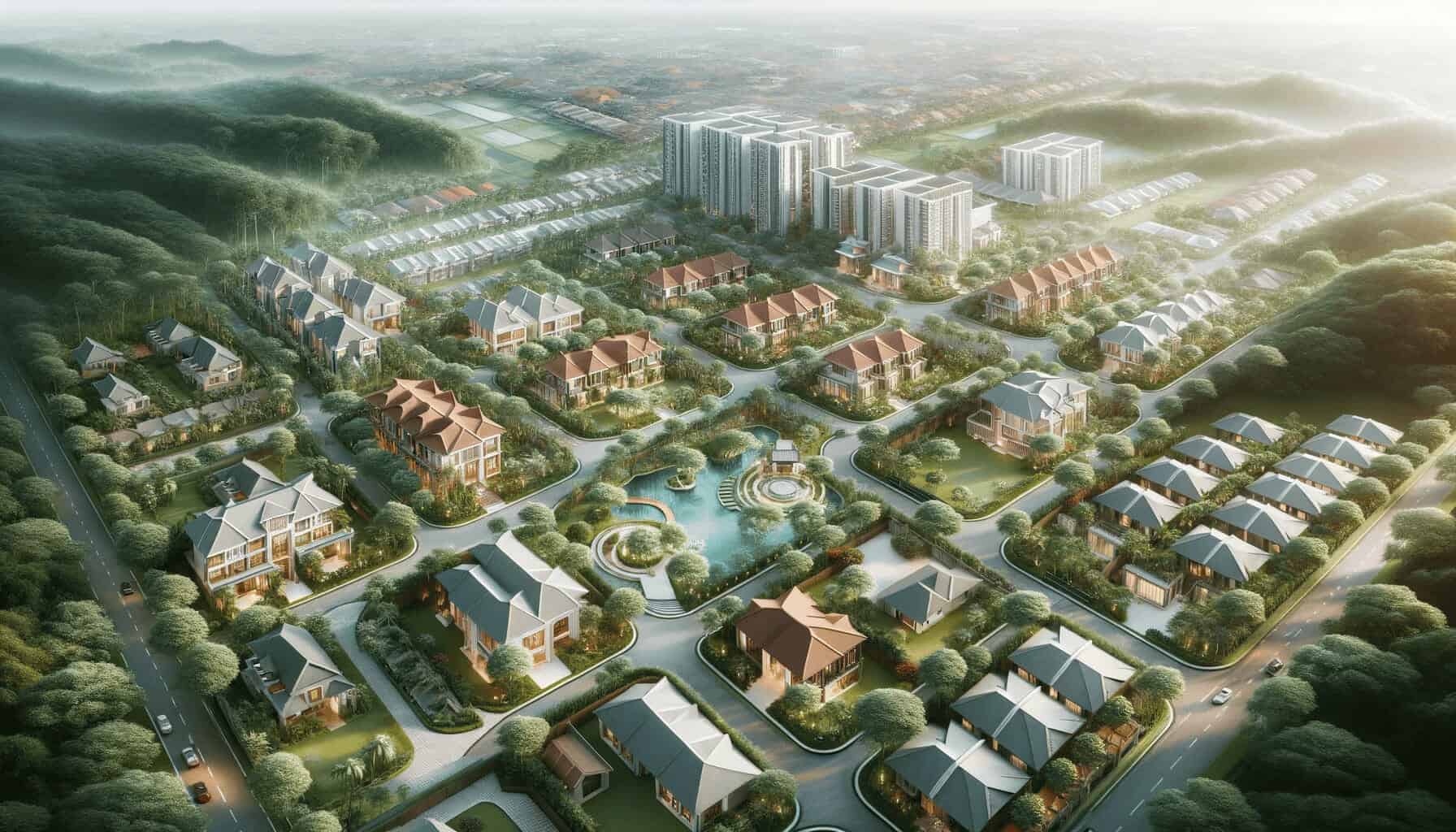 DALL·E 2023 10 16 17.26.40 An elegant birds eye view of a Malaysian housing development in 2023 showing a mix of traditional and modern homes surrounded by greenery without a DALL·E 2023 10 16 17.26.40 An elegant birds eye view of a Malaysian housing development in 2023 showing a mix of traditional and modern homes surrounded by greenery without a