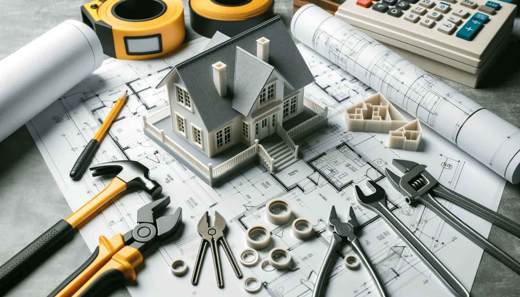 DALL·E 2023 10 17 11.20.50 Photo of a 3D printed house model on a table with blueprints and construction tools around symbolizing modern construction methods DALL·E 2023 10 17 11.20.50 Photo of a 3D printed house model on a table with blueprints and construction tools around symbolizing modern construction methods