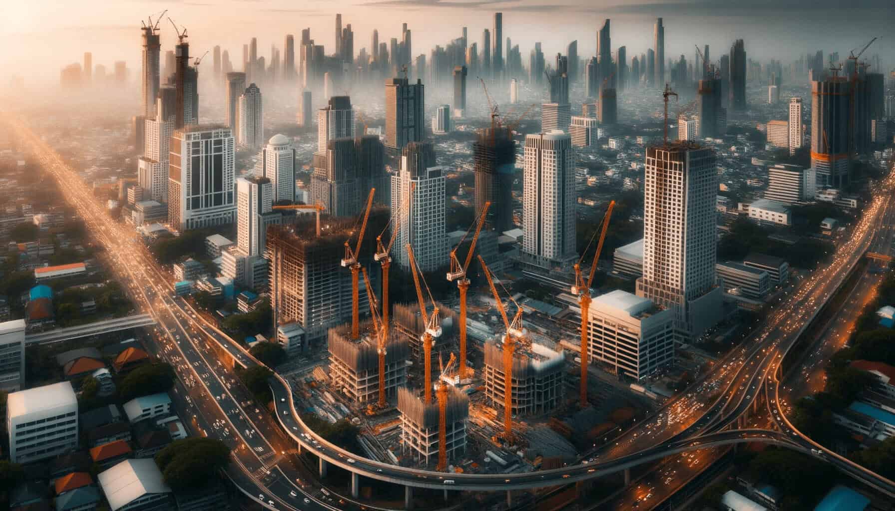 DALL·E 2023 10 17 11.20.54 Photo of a cityscape with multiple construction cranes highlighting the development of new buildings and real estate projects