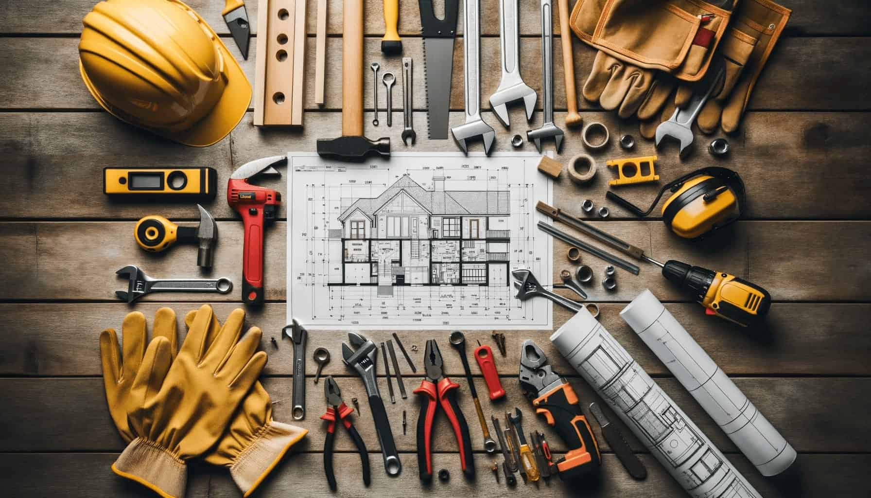 DALL·E 2023 10 17 12.22.20 Photo of a DIY workspace with various tools spread out on a wooden table a blueprint of a house and safety equipment like a helmet and gloves DALL·E 2023 10 17 12.22.20 Photo of a DIY workspace with various tools spread out on a wooden table a blueprint of a house and safety equipment like a helmet and gloves