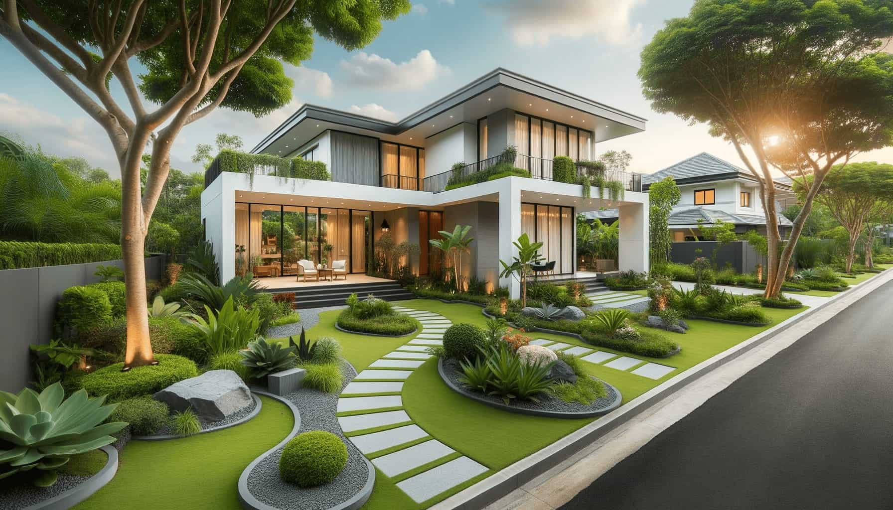 DALL·E 2023 10 17 17.45.25 Photo of a contemporary home exterior after renovation with fresh paint landscaped garden and a pathway leading to the entrance