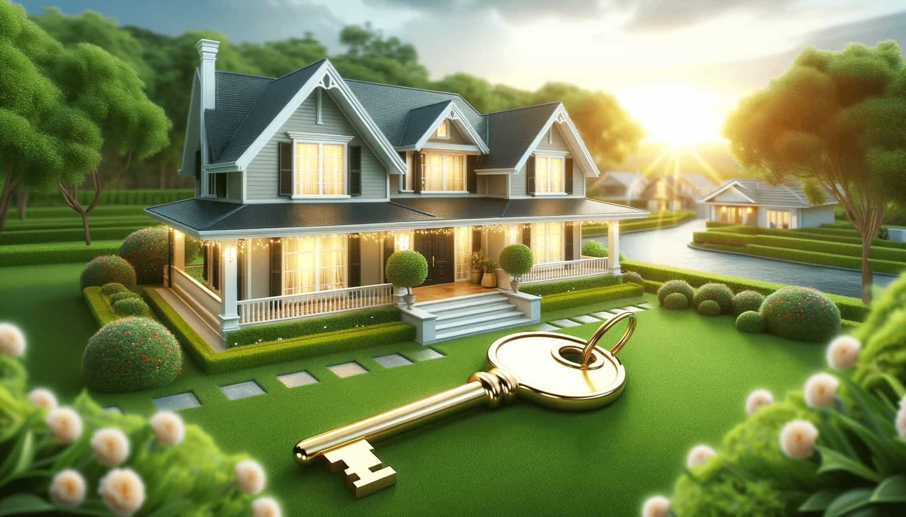 DALL·E 2023 10 17 18.31.22 Photo of a beautiful home with a green lawn and a golden key floating above it symbolizing approved home financing DALL·E 2023 10 17 18.31.22 Photo of a beautiful home with a green lawn and a golden key floating above it symbolizing approved home financing