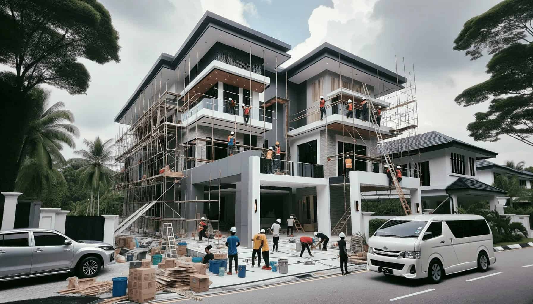 DALL·E 2023 10 19 15.49.02 Photo of a modern Malaysian home under renovation with scaffolding and workers around it