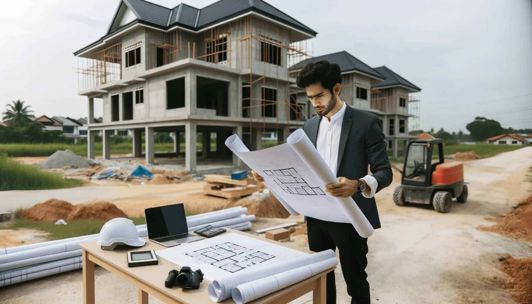 DALL·E 2023 10 19 15.49.17 Photo of an architect reviewing blueprints on a construction site in Malaysia with a partially built house in the background