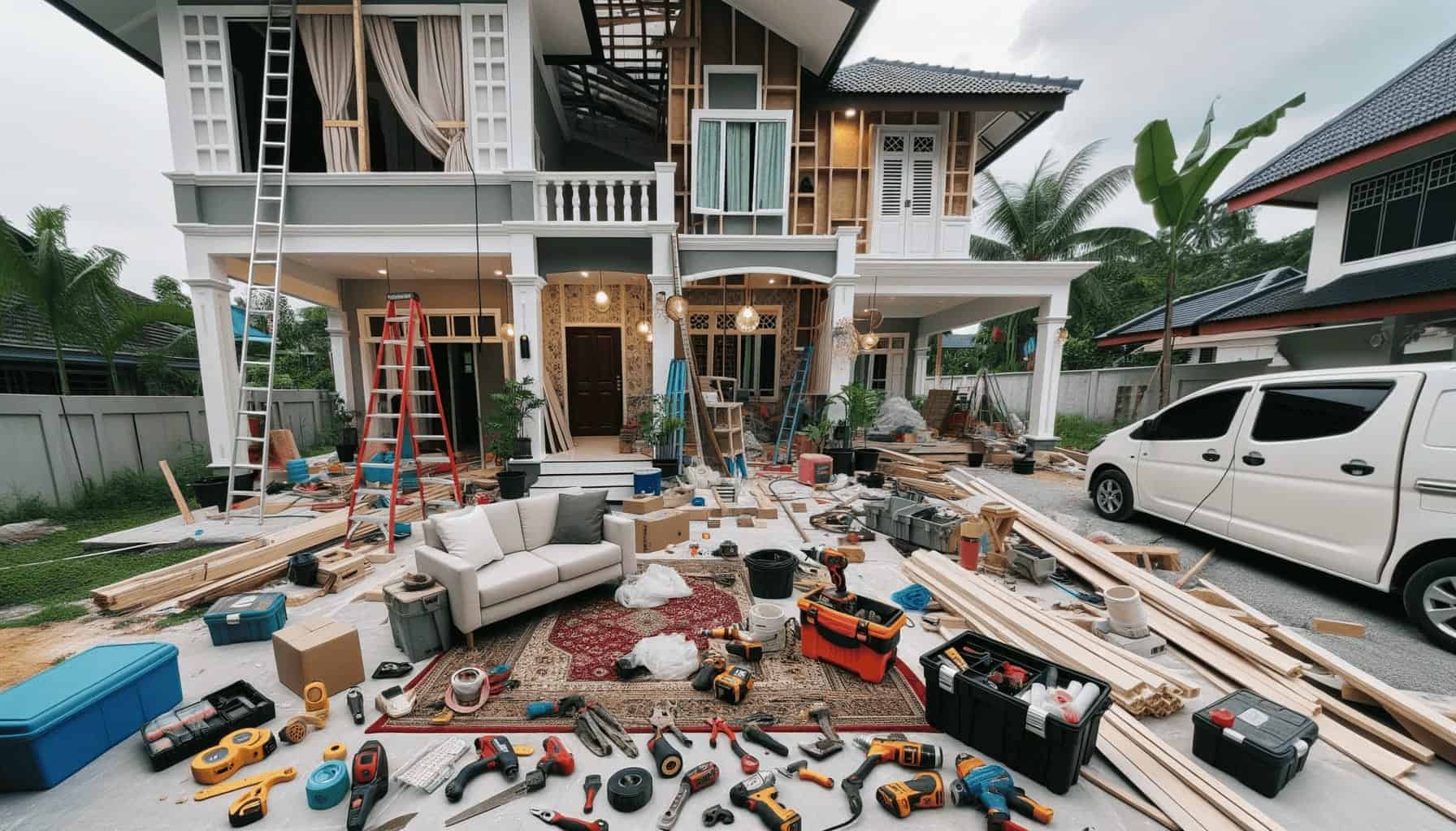 DALL·E 2023 10 19 15.49.51 Photo of a Malaysian home under renovation with tools and equipment spread around the site
