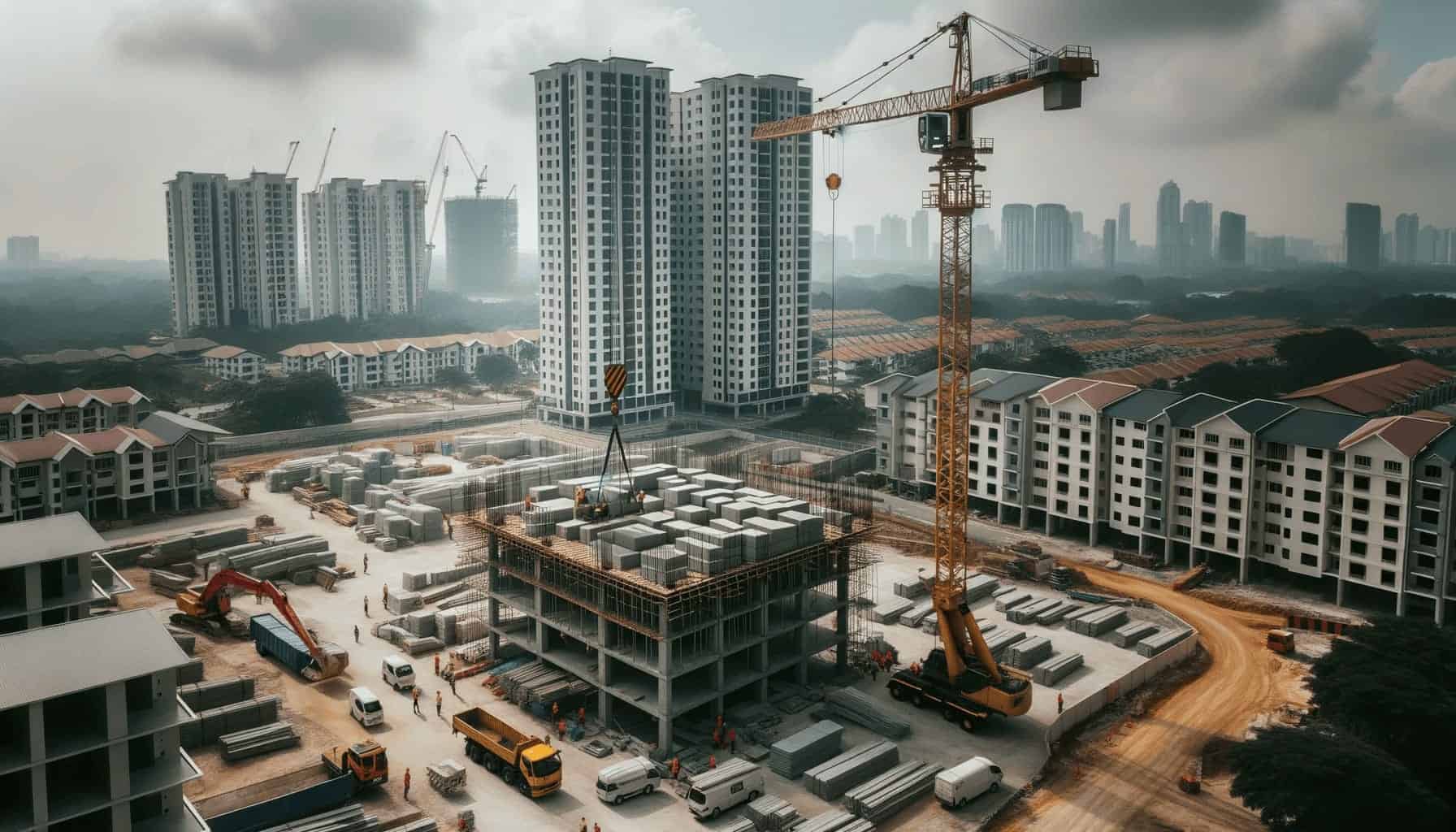 DALL·E 2023 10 19 15.50.08 Photo of a construction crane lifting materials at a residential building site in Malaysia DALL·E 2023 10 19 15.50.08 Photo of a construction crane lifting materials at a residential building site in Malaysia