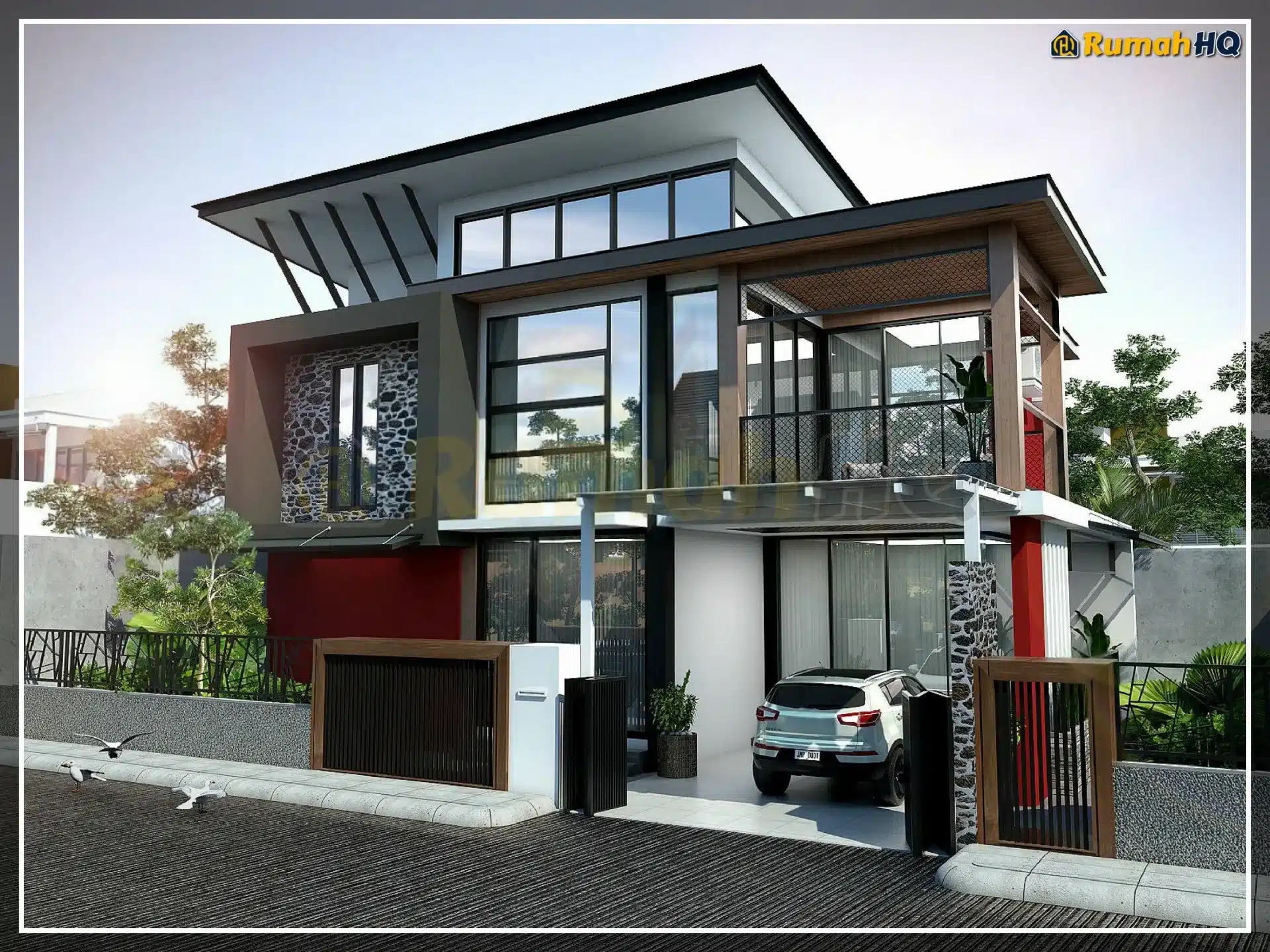 Modern two-story house with large windows, sleek design, and a parked white SUV in the driveway.