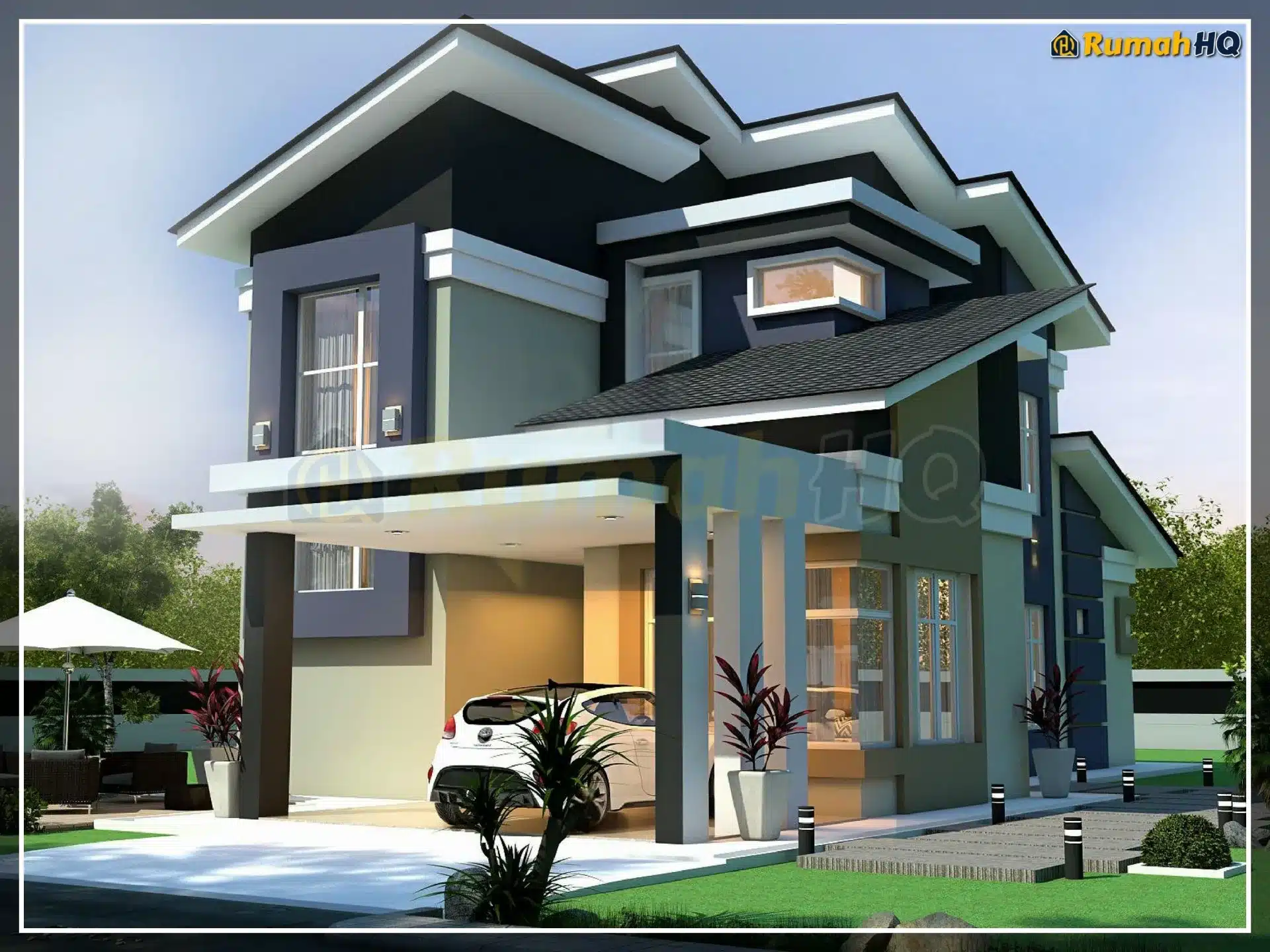 Modern two-story house with carport, lush garden, and contemporary design elements.