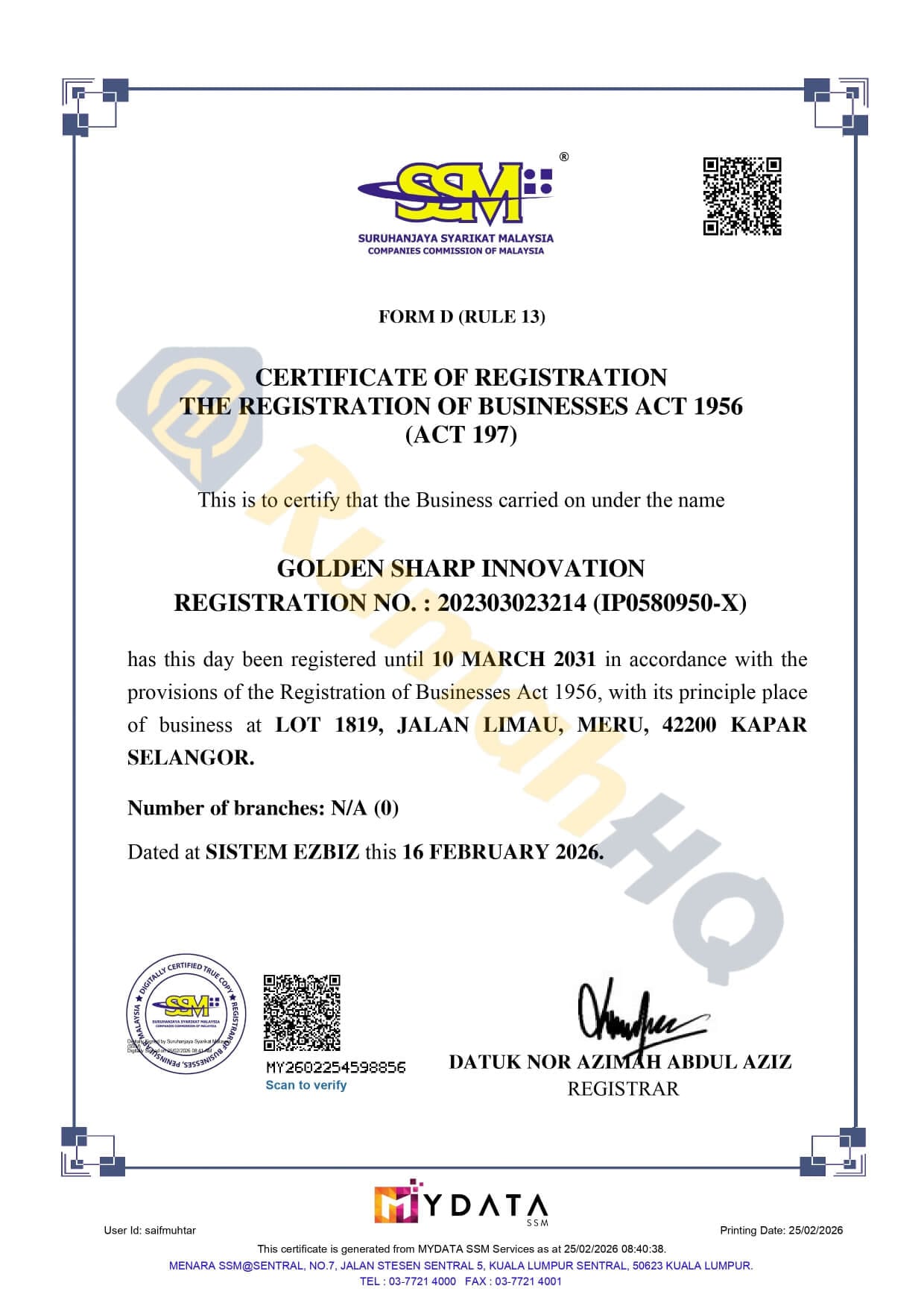 Syarikat 2 Sijil CIDB Gred G4 RumahHQ - Golden Sharp Innovation